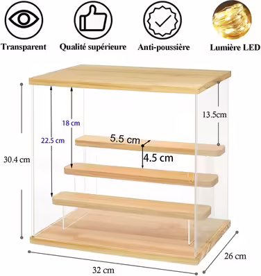 Joody Vitrine made of acrylic, Plexiglas boxes with 2 tiers, display case with door for Pop figures, minifigures, collectible toys, storage organizer for display case, dustproof with 2 shelves (Extended) – Original wood color (4 tiers – Walnut wood)