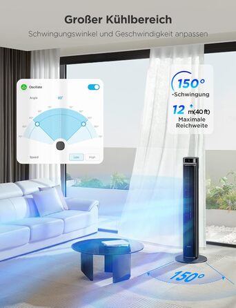 GoveeLife вентилятор Leiser: 12 швидкостей, 8 м/с, 5 режимів, таймер, осциляція 150°, керування через додаток/голос, чорний матовий