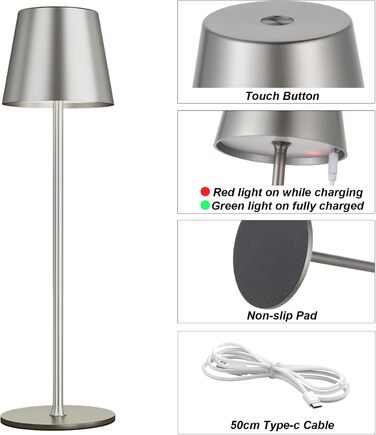 Акумуляторна LED настільна лампа бездротова з USB-C зарядкою, регульованою яскравістю та 3 режимами освітлення (сіра)