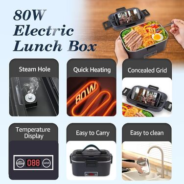 Електрична ланч-бокс Kimfead з контролем температури, 1.8L, 80W, 12V/24V/230V, з сумкою та столовим прибором, для авто/офісу