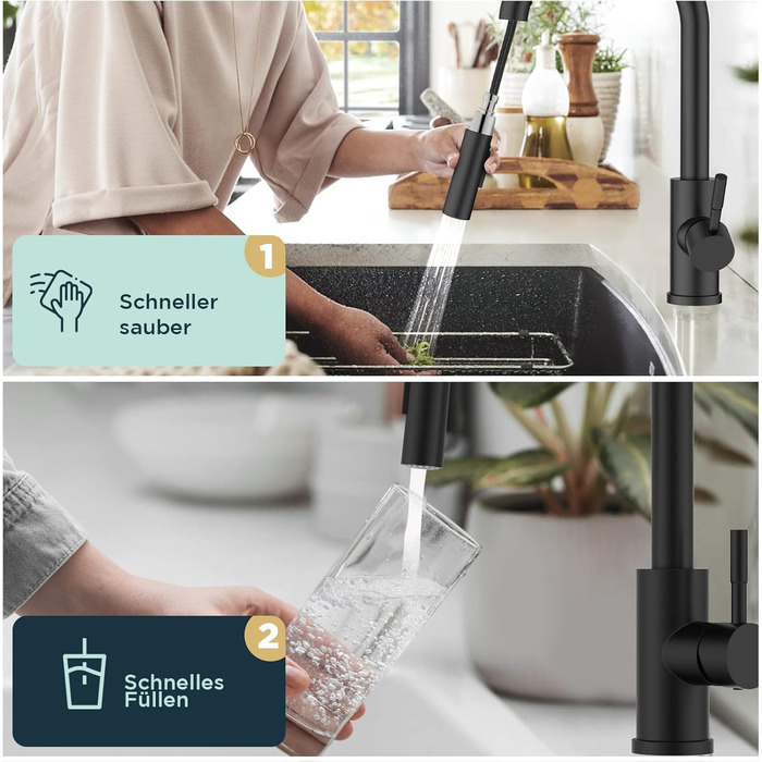 Кран кухонний FORIOUS чорний з висувною лійкою, поворотний на 360°, матовий, для кухні