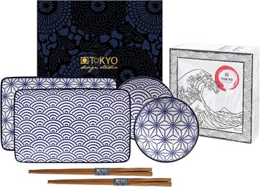 Набір для суші Tokyo Design Studio Nippon Blue (6 предметів): 2 тарілки для суші, 2 миски для соусу, 2 палички для їжі, японський дизайн, порцеляна, подарункова упаковка