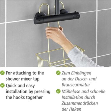 WENKO Thermostat Shower Caddy Model Milo, Shower Shelf for Hanging on the Faucet, Shelf Made of Stainless Steel (Rustproof), 25 x 36 x 14 cm, Gold