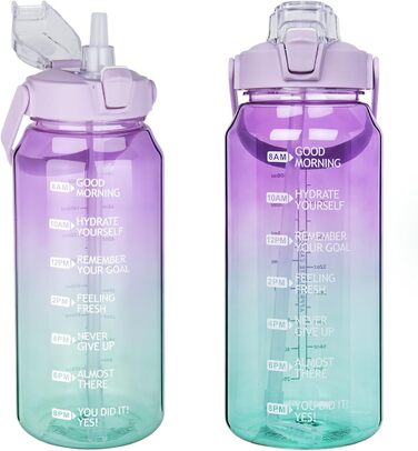 2L Tritan Water Bottle with Straw & Time Marker 2 liter BPA-free Motivational Water Bottle with Clock Large Sports Bottle for Gym, Fitness, Hiking (Transparent Purple / Green)