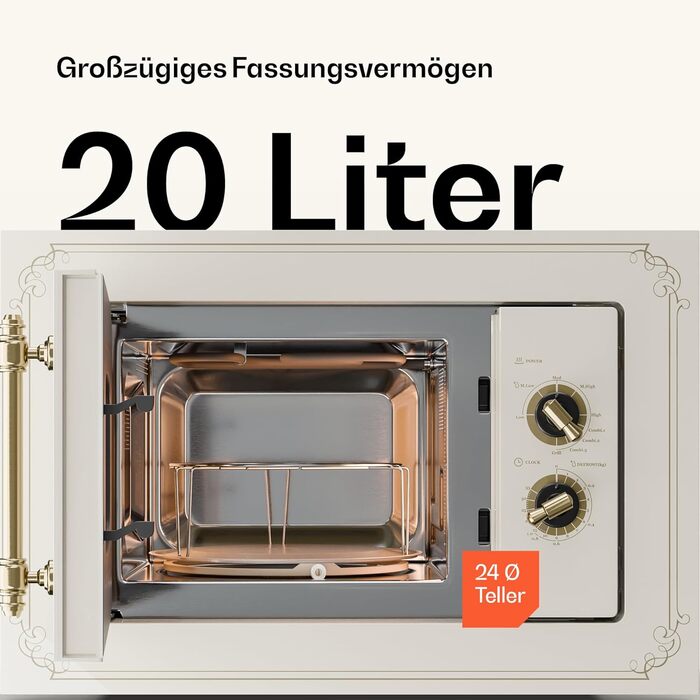 Мікрохвильова піч Klarstein Victoria 20 - вбудована, 20 л, 800 Вт, гриль 1000 Вт, нержавіюча сталь, з рамкою, кремовий колір