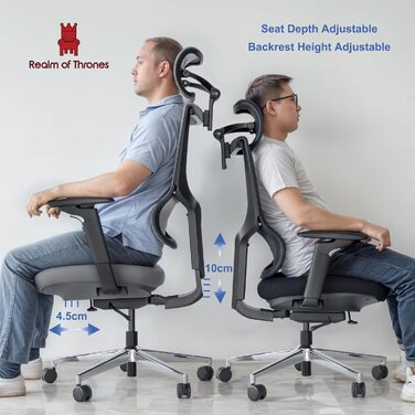 Офісний стіл Realm of Thrones CAPTAIN Deluxe: ергономічний стілець з регульованою поперековою підтримкою, дихаюча спинка, комфортне сидіння, сталева база, відкидні підлокітники (сірий)