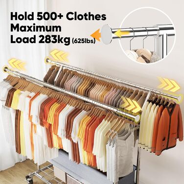 Вішалка для одягу HOKEEPER на коліщатках, вантажопідйомність 204 кг, висувна штанга для одягу