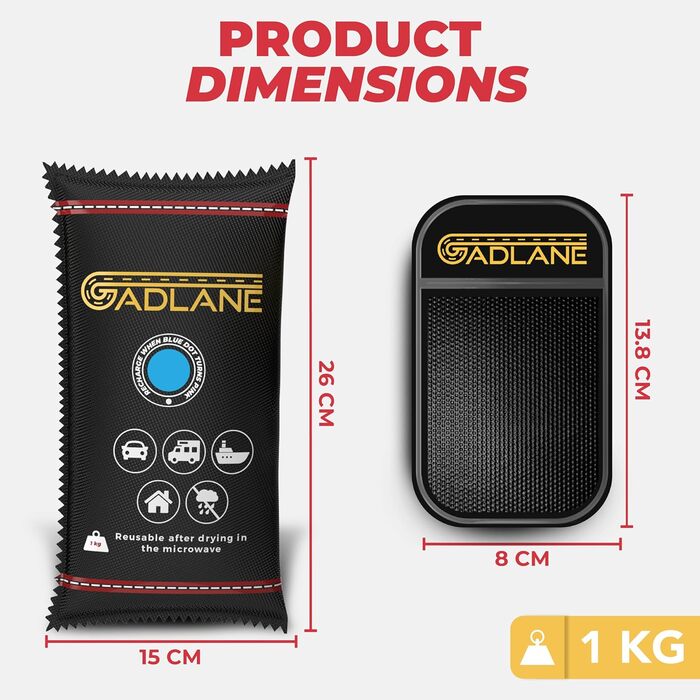 GADLANE Auto Dehumidifier 1kg 2 Pack - XL Large Reusable Moisture Absorber for Car with Anti-Slip Mat - Car Dehumidifier Removes Condensation for Windshield, Home