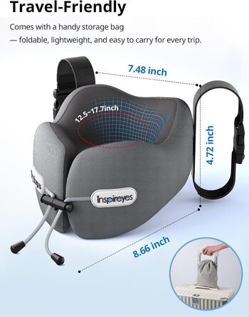 Подушка для шиї у літак з ременем безпеки та 3D маскою для сну, блакитна. Підтримка шиї та голови, високоякісний пінополіуретан, запобігає нахилу голови.
