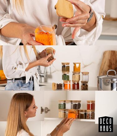 Набір скляних банок для спецій з дерев'яною кришкою Deco Haus, 10 шт, квадратні, герметичні, з етикетками — контейнери для зберігання спецій