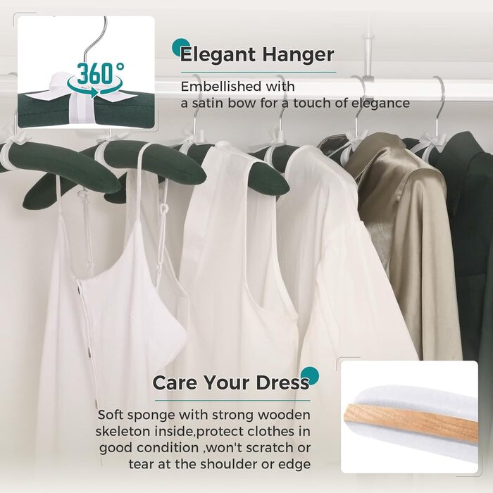 Клітки для одягу JS HANGER з м'якою підкладкою для светрів, 43,2 см, великі, міцні, з сатином, без плечей, для жінок, одягу, весіль, спідньої білизни, 10 шт., (Темно-зелений)