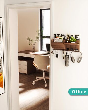 Держатель для ключів HapiRm з декором HOME, дерев'яне ключниця з 7 гачками, з полицею. Підходить для входу, передпокою, спальні, офісу, коричневий