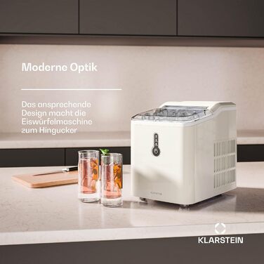 Машина для приготування льоду Klarstein Eiswürfelmaschine - 12 кг/24 год, 8 хв цикл, резервуар 1,5 л, LED-дисплеї, портативна Chill Out, прозорий кришка, лопатка в комплекті, для вечірок, кремовий колір