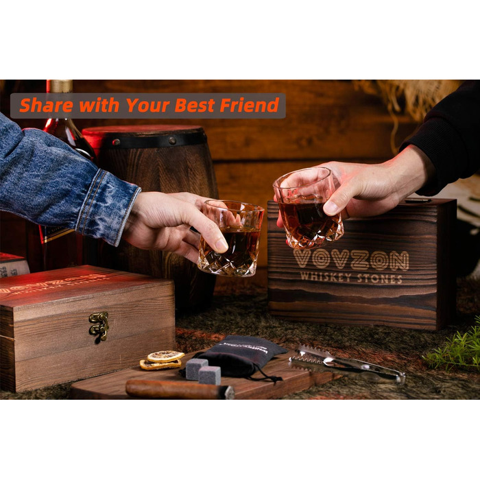 Whiskey Stones Gift Set for Men - 8 Whiskey Scotch Bourbon Chilling Stones, 2 Whiskey Glasses in Wooden Box - Christmas/Father's Day/Birthday/Gift for Dad Papa Friend