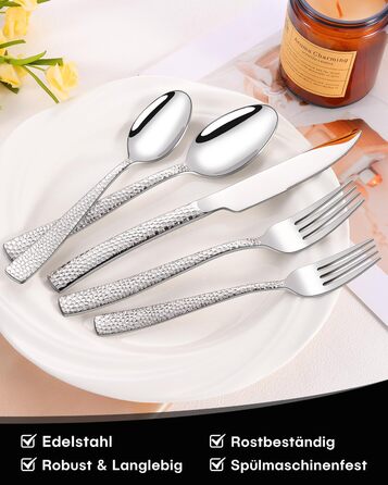 Набір столових приборів Honkku для 6 осіб, 30 предметів, чорний, з нержавіючої сталі, з обробленим ручним молотком, миється в посудомийній машині