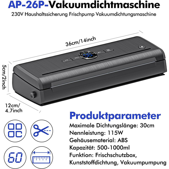 Вакуумний пакувальник для продуктів харчування 30 см, комплект з 5 пакетами, чорний