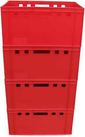 Набір із 4 ящиків E3 Eurobox 60x40x30 см, харчовий пластик, червоний, для м'ясників та зберігання продуктів