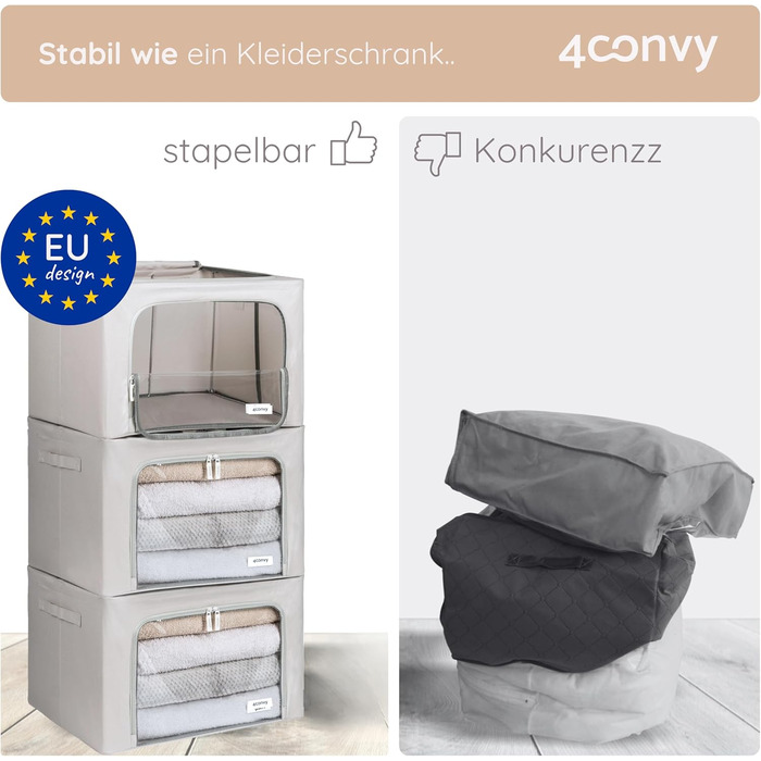 Collapsible Storage Box for Clothes with Zipper, Metal Frame - [2024 IMPROVED MATERIAL] Duvet Storage Bag – Sturdy Clothing Storage Box (Gray, 3x66L)