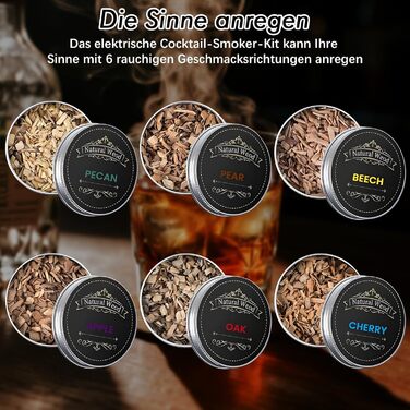 Електричний набір для копчення віскі, коктейльний дим-сет з LED-підсвічуванням, ретро-набір для копчення з 6 дерев'яними чіпсами, USB-C перезарядна аксесуар для віскі та бурбону