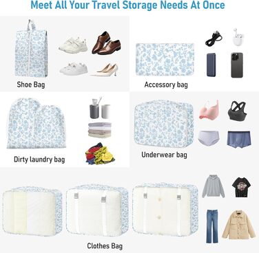 Органайзер для валізи, набір 10 шт. Packing Cubes для подорожей, аксесуари для валізи, органайзери для одягу, косметичка, набір для подорожей (Блакитний квітка)