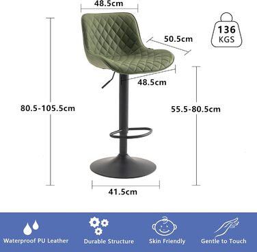 YOUNIKE Adjustable Bar Stools 2-Pack - Modern Kitchen Barstools with PU Leather Upholstery, Swivel Metal Bar Chairs for Counter/Island (Green)