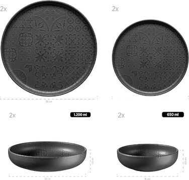 MÄSER Серія Tiles Vintage - посуд для 4 осіб у мавританському стилі, 12 предметів, чорний керамічний сервіз (комбінований)