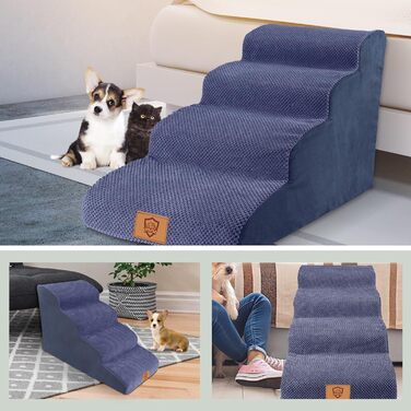 Dog Stairs for Small Dogs, 4 Steps Pet Stairs made of Foam with Waterproof Cover, Detachable Dog Ramp Cat Stairs for Sofa Bed, Send 1 Lint Roller (4 Step Blue Dog Stairs)
