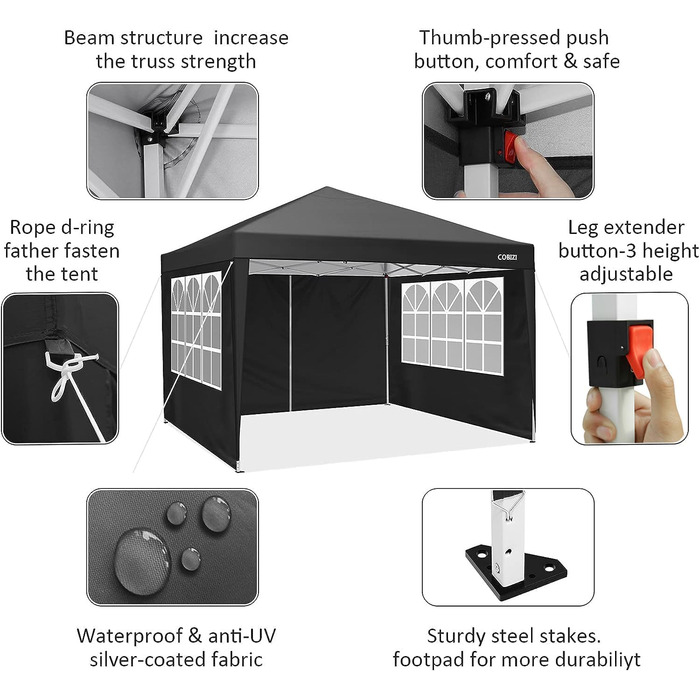 COBIZI Gazebo 3x3 Waterproof, Stable, Winter-Proof Party Tent 3x3 with 4 Side Walls, Pop-Up Folding Gazebo, UV Protection 50+, Garden Gazebo with Handbag, 8x Pegs and 4x Wind Rope, Black