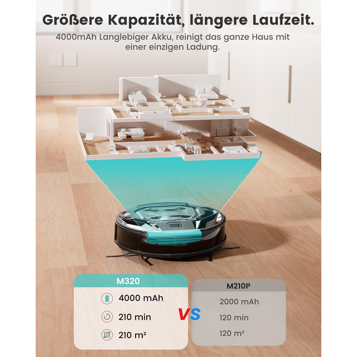 Робот-пилосос LEFANT M320 3-в-1 з функцією миття, 6000Pa, навігація, 800мл, 240хв, Wi-Fi, для шерсті тварин, килими, чорний