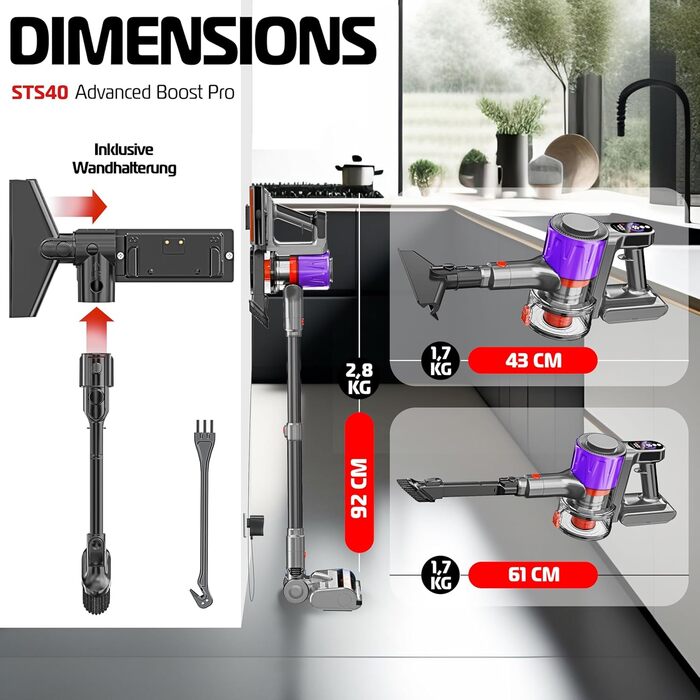 Бездротовий акумуляторний пилосос KESSER® з LED-дисплеєм, до 60 хвилин роботи, тихий, без мішка, з антизаплутаною насадкою, HEPA-фільтром, аромакапсулою (чорний/сірий)
