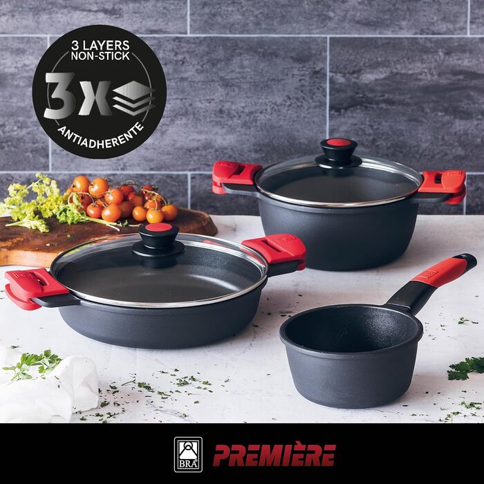 Набір посуду BRA Premiere 9 шт. з антипригарним покриттям, алюміній, знімні ручки, PFOA-free, для всіх типів плит та духовок