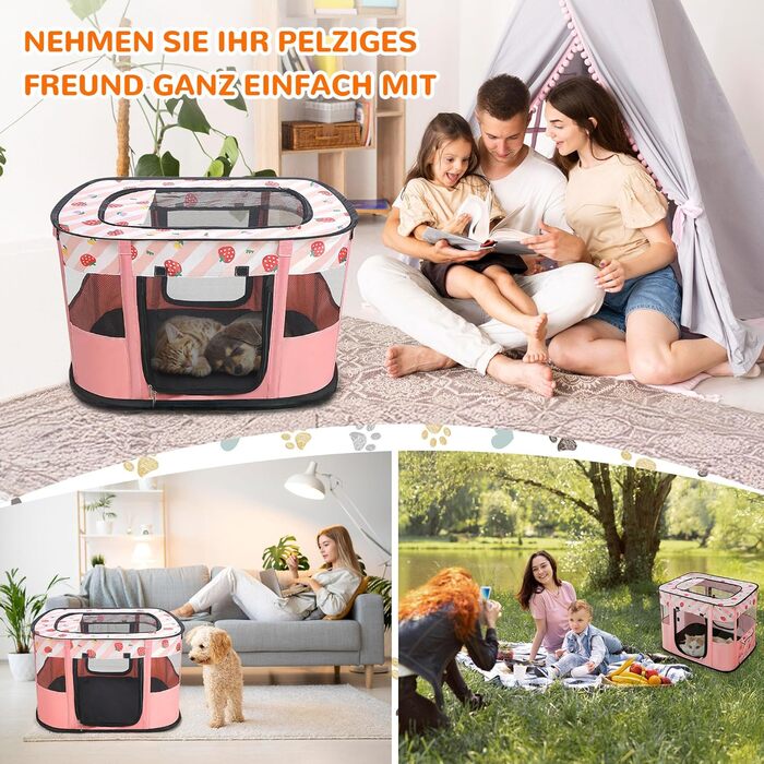 Портативний вольєр для цуценят та котів ALLSOPETS - складаний, для дому, вулиці, подорожей (Рожевий з полуничками, M)