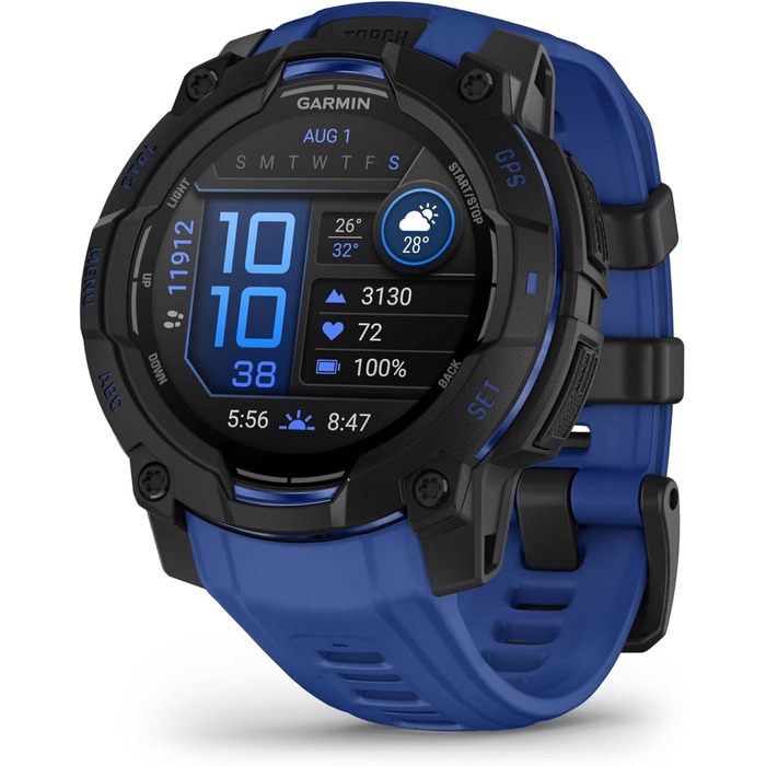 Розумний годинник Garmin Instinct 3 з AMOLED-дисплеєм, GPS, 80+ спортивних функцій, 24 дні роботи від акумулятора, Health Coach, LED-ліхтарик (45мм, Чорний-Синій)