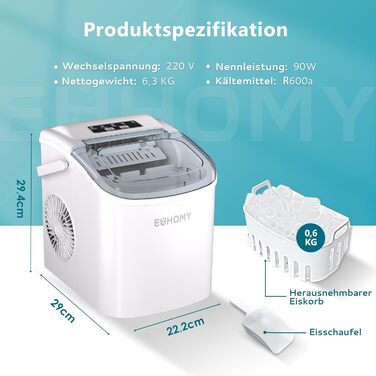 Машина для льоду EUHOMY, 12 кг/24 год, чорна, самоочисна, 1.2 л