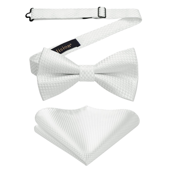 Краватка-метелик чоловіча Enlision з кишеньковим хустинкою - комплект для весілля, свят, до костюма. Білий колір.