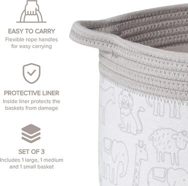 Decorative storage baskets with safari animal prints, set of 3 round fabric rope and linen organizers for children's rooms or playrooms, various sizes with easy-to-carry handles (Modern)