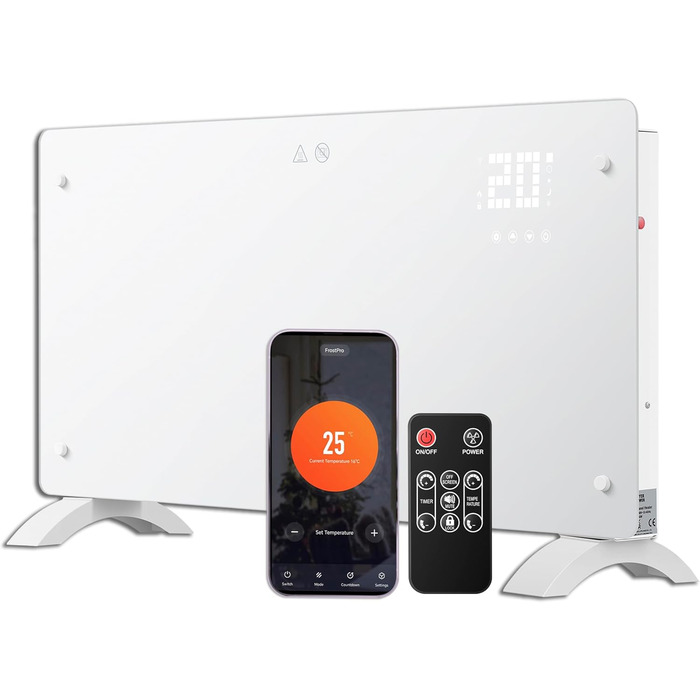 Конвектор DONYER POWER 2000W з Wi-Fi, білий, настінний/підлоговий, таймер, пульт керування, скляна панель