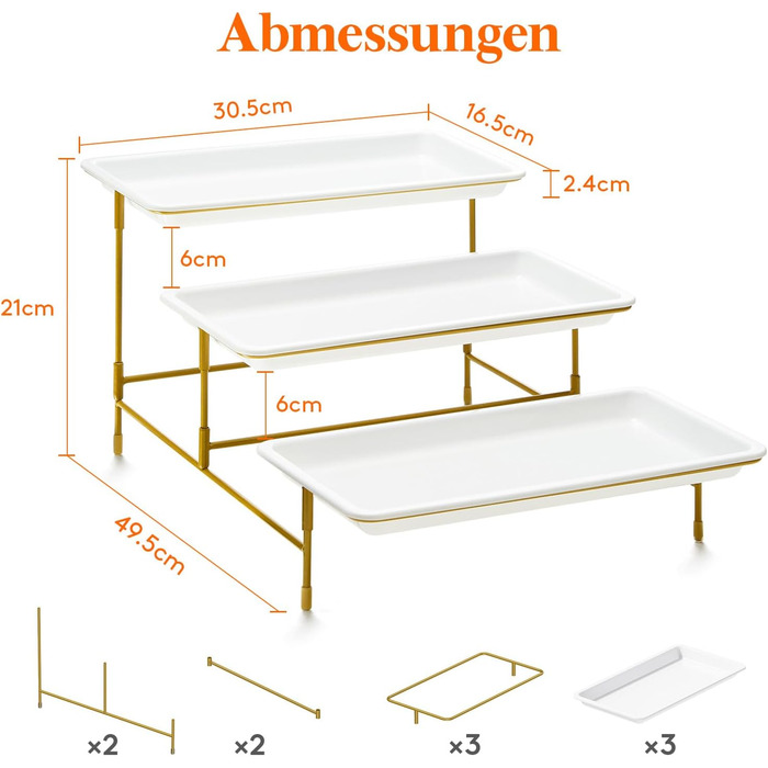 Lifewit 3-Tier Etagere with 30 x 17 cm Plastic Serving Plates, 3-Level Serving Tray/Serving Platter with Folding Gold Metal Shelf, Buffet Party Accessories for Vegetables/Fruit/Cookies/Cake