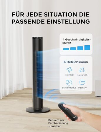 Вентилятор підлоговий Midea FZ10-26MR (BL) 96 см, з пультом, тихий 33 дБ, з осциляцією 90°, таймер 15 год, LED дисплей, 4 швидкості/режими, для спальні та офісу, чорний