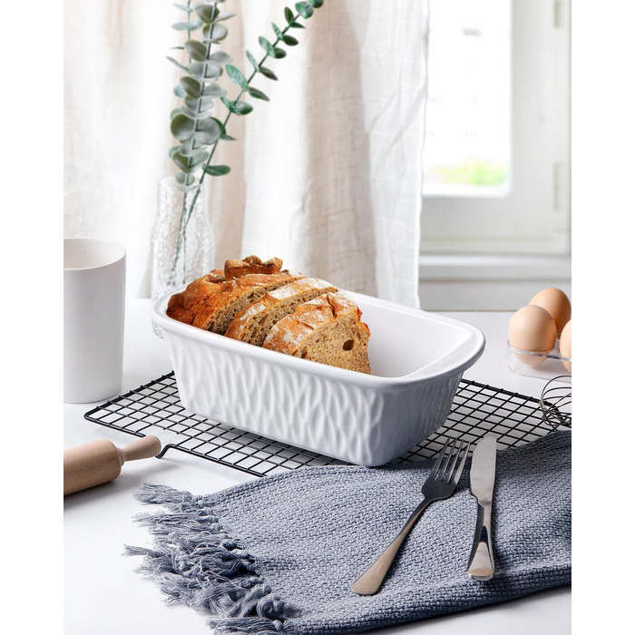 NUTRIUPS Ceramic Loaf Pan, 28 cm x 15 cm, Rectangular, for Baking, Porcelain, Non-Stick Coating, White