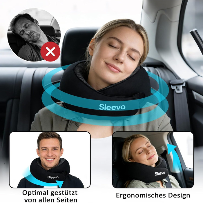 Подушка для шиї з Memory Foam - Подушка-вишенка для подорожей - Ергономічна подушка для літака та подорожей, з сонцезахистом та можливістю прання, з чохлом - Чорний (L)