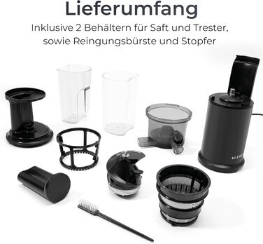 KLAMER Slow Juicer Vegetables and Fruit, Juicer with Reverse Function, Electric Fruit Press with Brush and 2 Containers, Sleek Design, Black