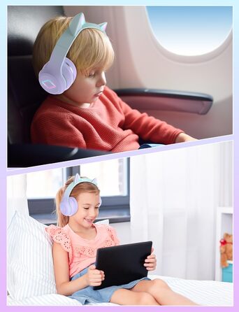 Бездротові навушники Bluetooth для дітей з LED-підсвіткою, котячими вушками та мікрофоном, HD Stereo, складна конструкція, регульоване наголов'я, для дівчаток, фіолетовий колір