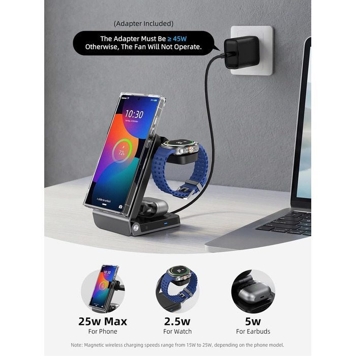 Магнітна бездротова зарядка Samsung з активним охолодженням 3-в-1 для Galaxy S26 Ultra, Watch 8 та Buds 4. Складана Qi зарядка для Android сірого кольору