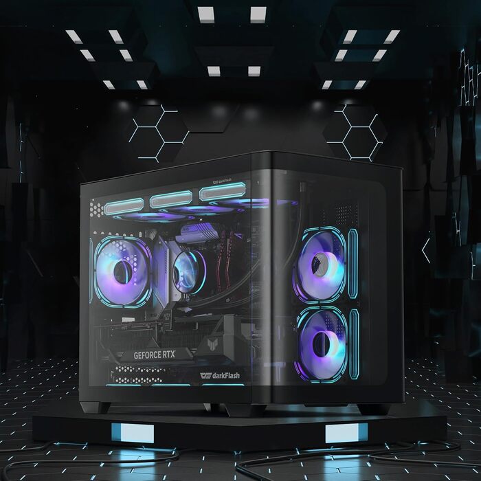 darkFlash ATX корпус для ігрового ПК з 4 ARGB вентиляторами, скло для повного огляду, 2 камери, Type-C, підтримка 2 AIO 360мм, чорний (DPW90)