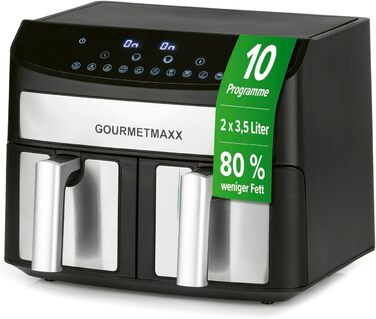 Аерофритюрниця GOURMETmaxx з двома камерами 2×3,5 л, нержавіюча сталь, 2400 Вт, сенсорний дисплей, таймер, 10 програм, енергоощадна, чорна