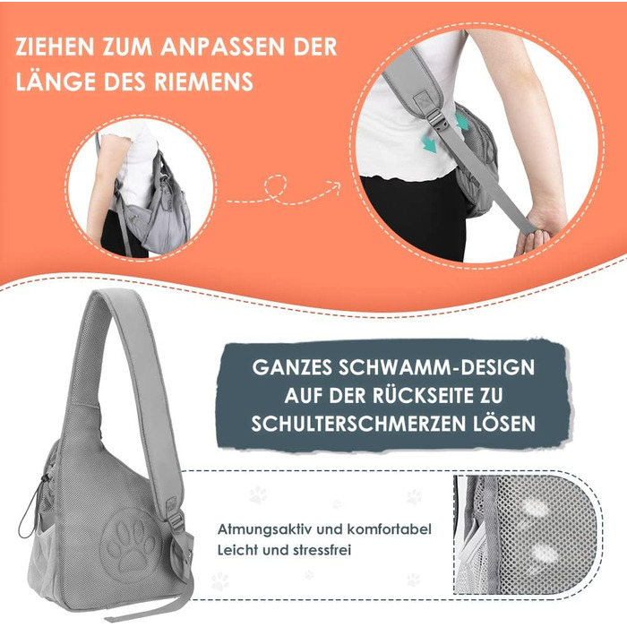 Dog-friendly baby sling/wrap for dogs, hands-free travel bag for small pets with adjustable straps, hardboard base, safety belt, for dogs up to 2.8kg, wider version (L - For pets under 5.5kg), Grey