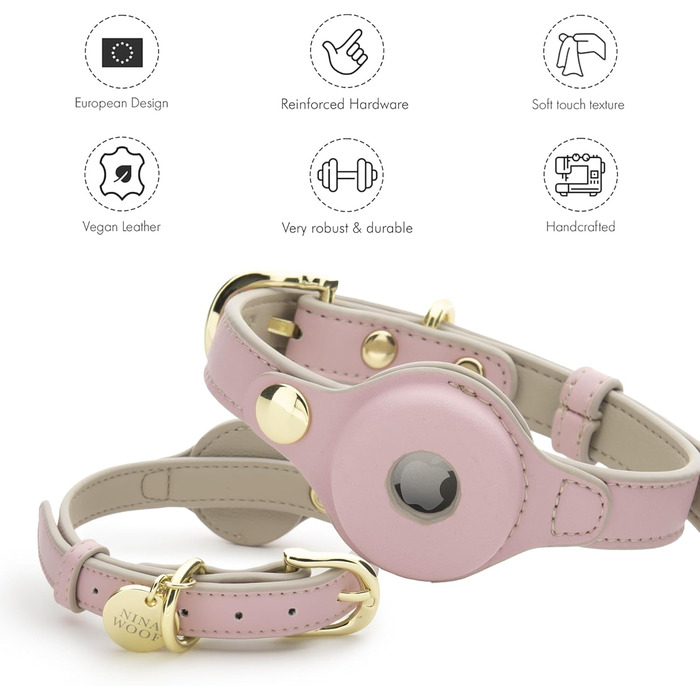 Cupertino Dog Collars, Harnesses & Leashes made of vegan leather with dog tracker device holder, adjustable dog collar (Small (Neck: 12x15), Pink)
