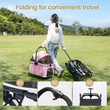 Візок для собак 2-в-1 з віднімним кошиком, складний візок для цуценят для собак та котів, 4 колеса з кишенькою для зберігання, візок для тварин з поворотними на 360° передніми колесами для подорожей на відкритому повітрі (Рожевий)