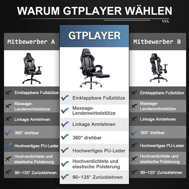 GTPLAYER Ергономічне ігрове крісло з масажем, підставкою для ніг, шкіряна оббивка, регульована підголівник і масажна подушка для попереку, чорне офісне крісло для геймерів